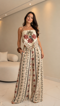 Front view of ivory floral print handkerchief cami top and wide leg pants set