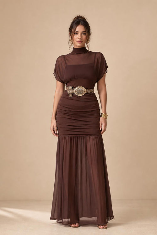 Front view of the brown mock neck ruched mesh maxi dress