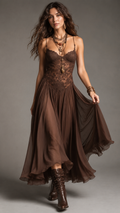 Front view of chocolate brown lace bodice maxi dress with spaghetti straps and flowing skirt