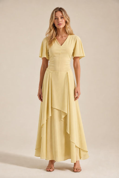 Front view of model wearing yellow V-neck flutter sleeve maxi dress