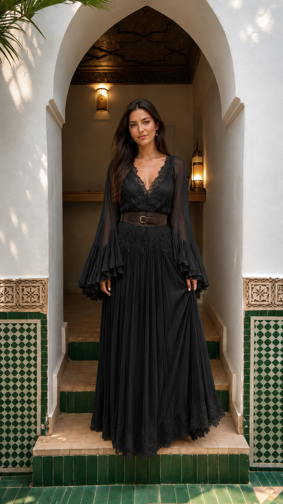 Front view of black lace trim pleated maxi dress with long bell sleeves and dark waist belt