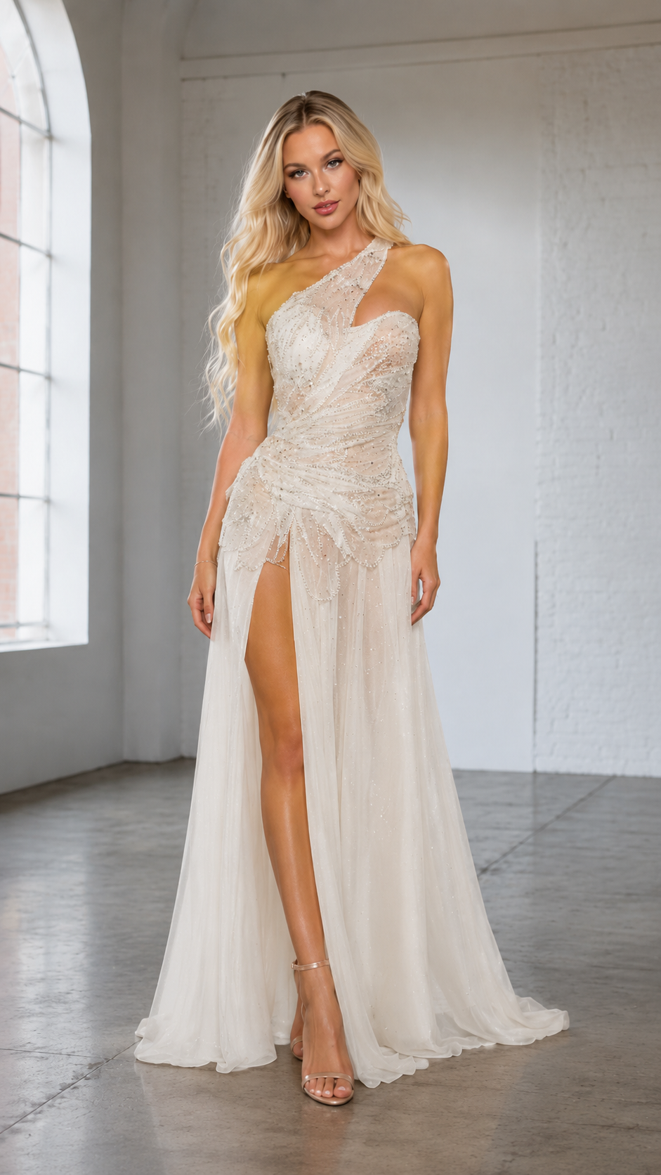 Front view of ivory one-shoulder embellished formal gown with flowing skirt