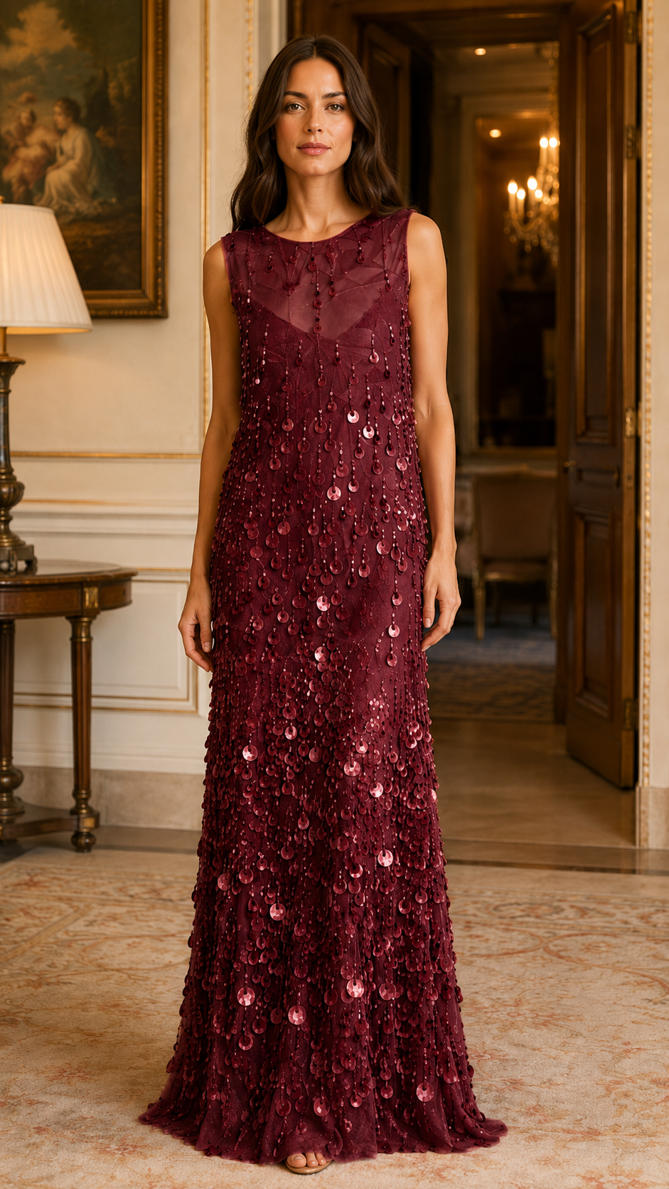 Burgundy sleeveless sequin embellished maxi evening dress front view