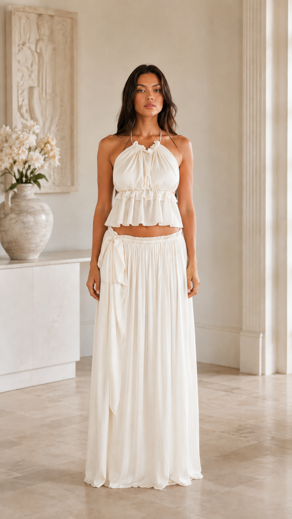 Front view of ivory halter ruffle top and maxi skirt set