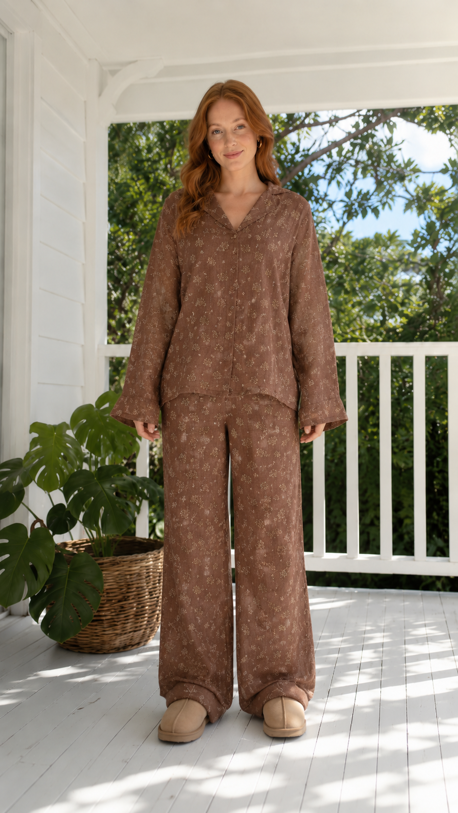 Front view of mocha brown floral lounge set with matching wide leg pants