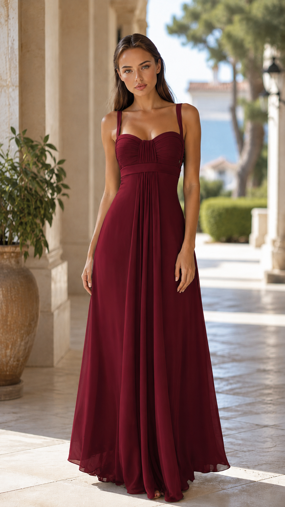 Front view of burgundy sweetheart neck maxi dress with elegant drape